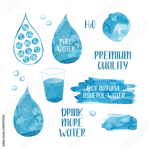 Watercolor set of blue stain, water drops and mineral elements in water, isolated on white background. Hand drawn illustration. Perfect for brochure,  booklet