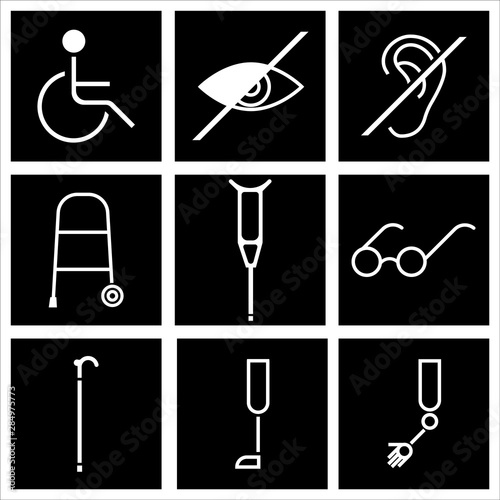 Disability. Set of icons. Devices to overcome physical limitations in human activity, black and white flat images.