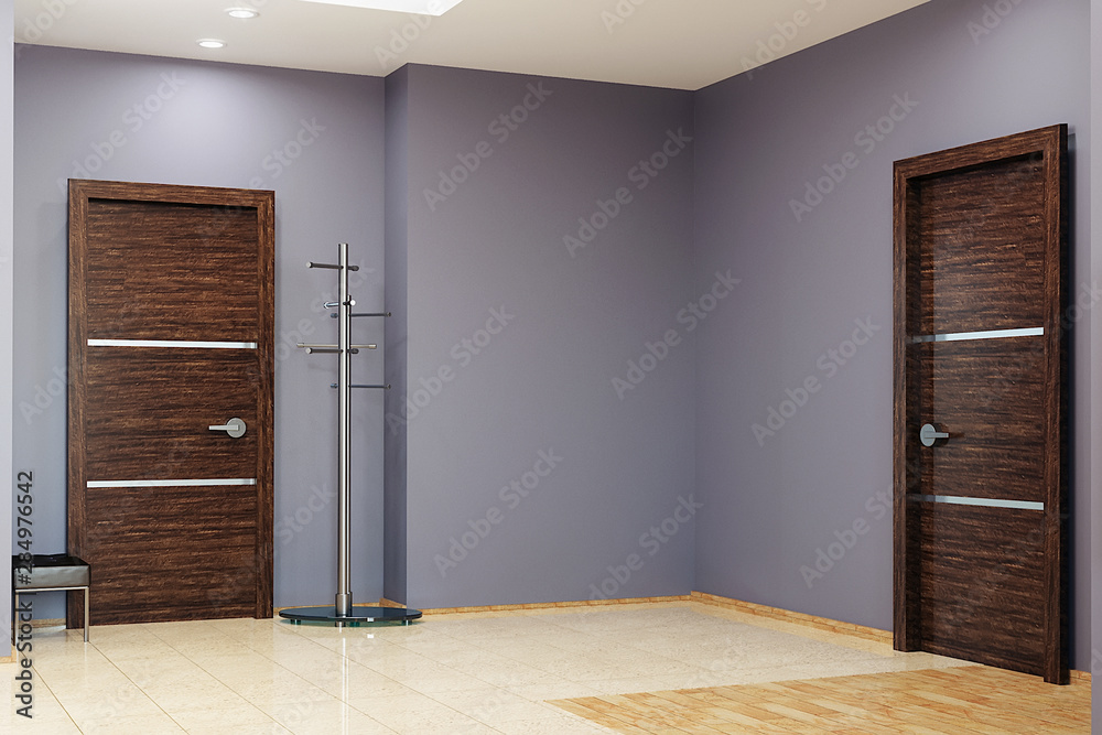 Obraz premium Modern hallway interior , wooden doors and fashionable steel clothes hanger. 3d rendering