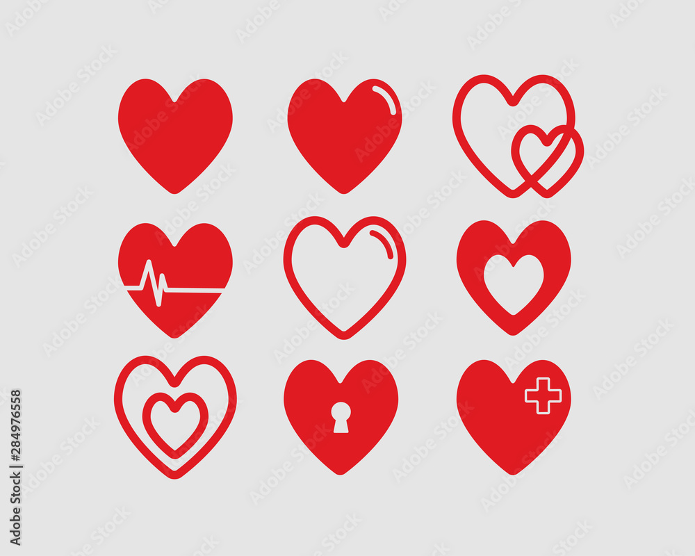 Red hearts vector illustrations set Valentines day