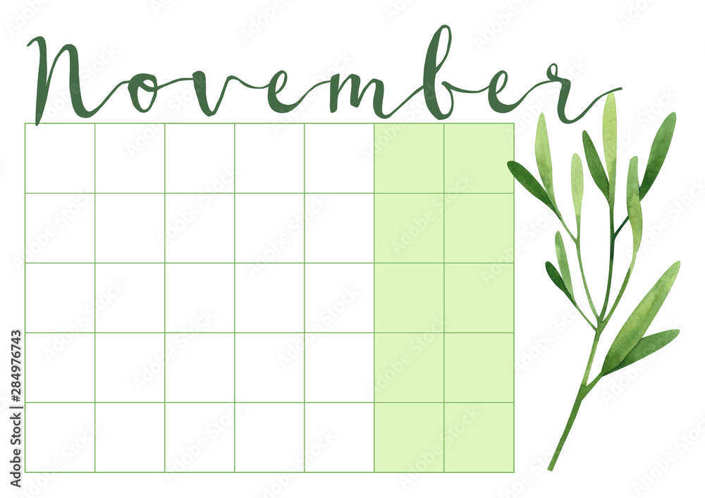 Universal Monthly Planner for November 2020. Week starts on Monday. Hand drawn sprig. Perfect for schedule, organizer, calendar for study, school or work, printable 