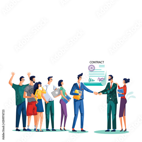 Contract conclusion and teamwork concept vector illustration. Satisfied businessmen shake hands against signed agreement with seal and signatures, their teams are behind them isolated on white