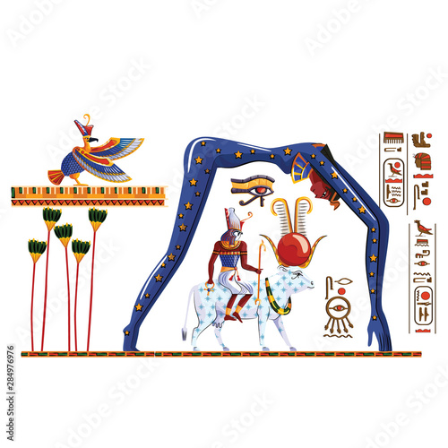 Ancient Egypt legend cartoon vector. Hieroglyphs and Egyptian culture religious symbols, Ra sits on cow back, over it in form of night sky goddess Nut, Ra leaving for sky