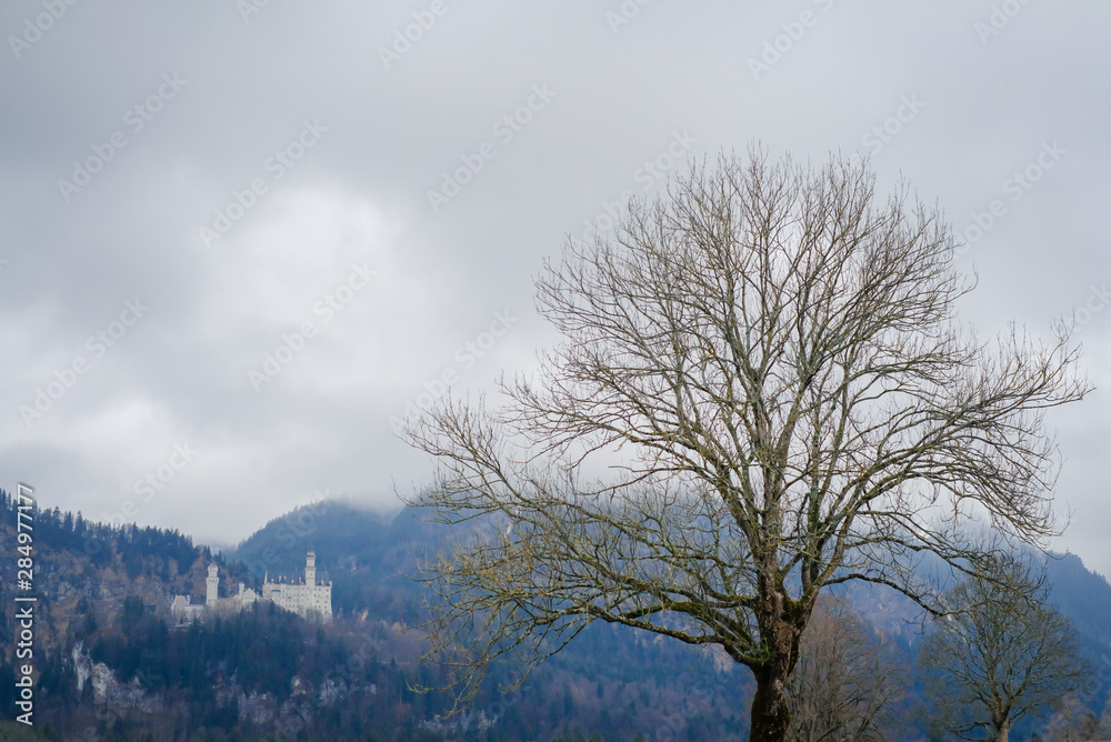 Beautiful view of world-famous Neuschwanstein Castle on the mountain in rainy day, southwest Bavaria, Germany  