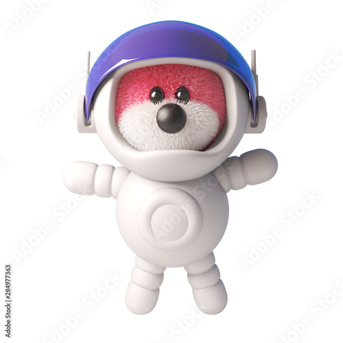 3d teddy bear with cute pink fur wearing an astronaut spacesuit, 3d illustration photo