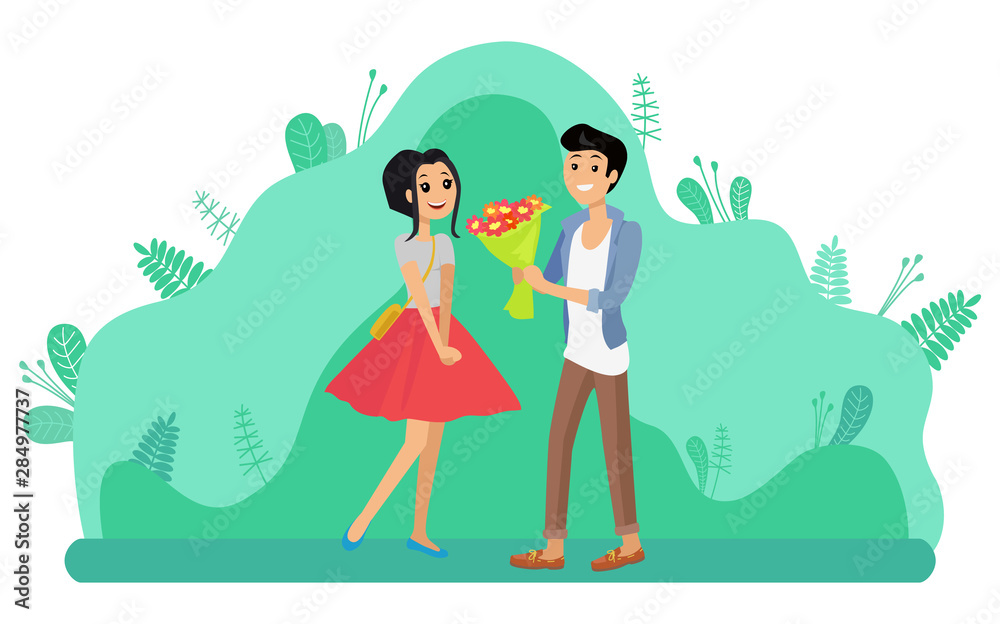 Man giving woman flower bouquet. Couple walking in park. Teenagers in love spending time together outdoors. Young people dating, gift for girlfriend