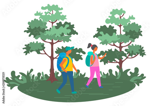 Backpackers traveling through forest vector, man and woman with backpacks in park, trees and grass. Journey of male and female, hobby outside interest