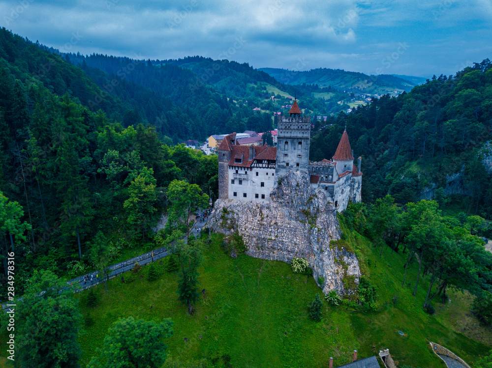 Aerial panorama view of the medieval Bran Castle, known for the myth of Dracula , Dracula Castle in Brasov, Transylvania. Romania.