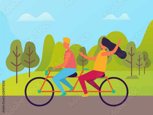 Man and woman riding on double bike vector cartoon style people. Happy couple on bicycle in park with green trees and bushes, tandem travel of cyclists