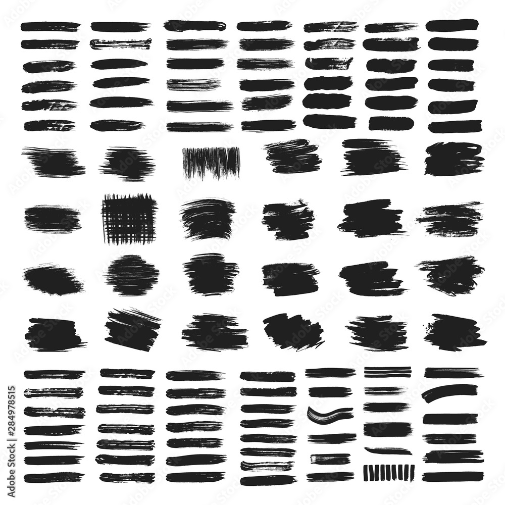 Big set of dirty artistic abstract elements with brush strokes black paint texture vector illustration isolated on white background. Calligraphy brushes high detail abstract elements.