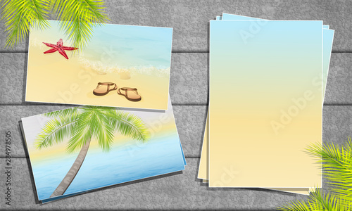 Tropical photos with sea landscapes on the wall. Summertime collage. Frame with palm leaves and blank paper. Place for inscription. Vector, EPS 10