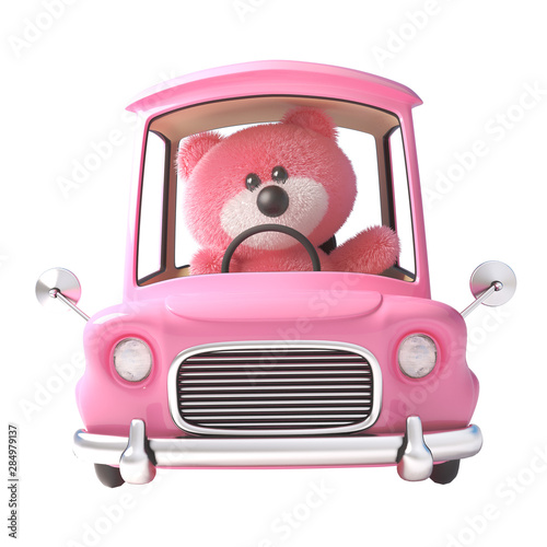 3d teddy bear character pink fluffy fur driving a pink cartoon car, 3d illustration