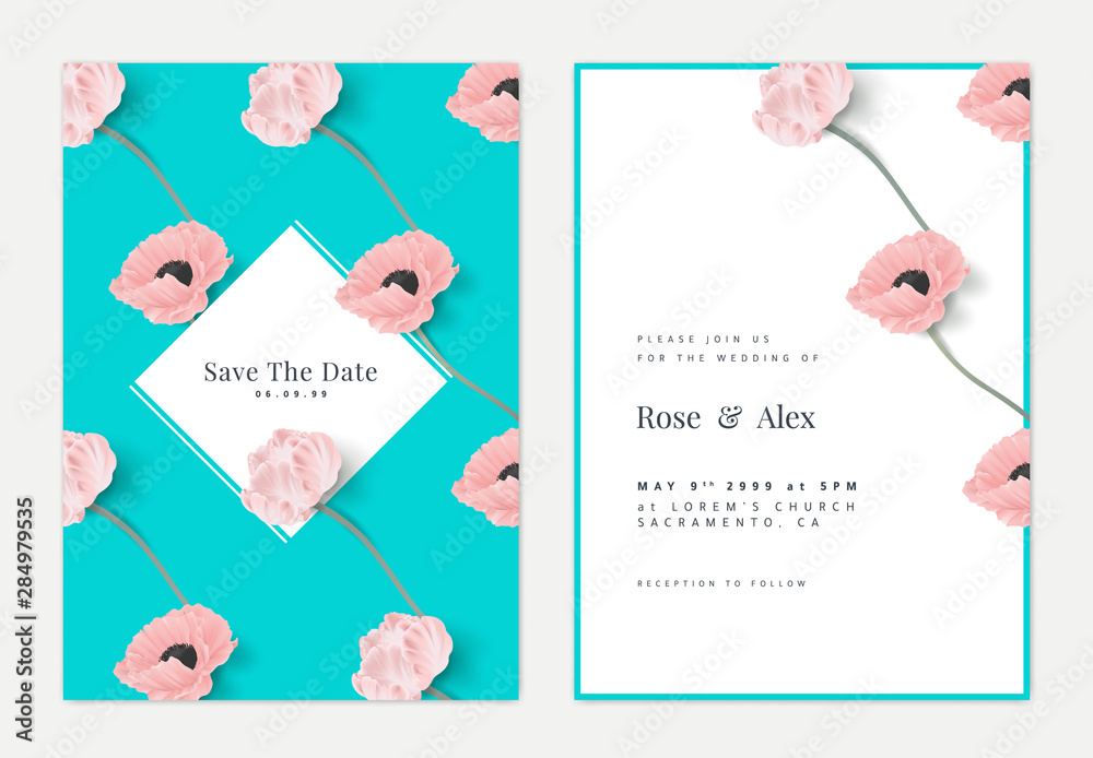 Botanical wedding invitation card template design, pink tulip and poppy flowers on blue, retro style