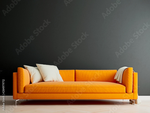 Black mock up wall with orange sofa in modern interior background, living room, Scandinavian style, 3D render, 3D illustration photo
