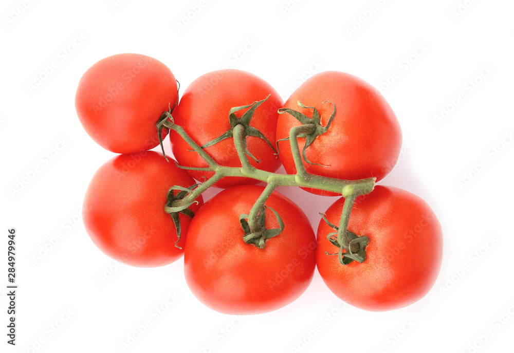 Branch of ripe red tomatoes on white background, top view Branch of ripe red tomatoes on white background, top view