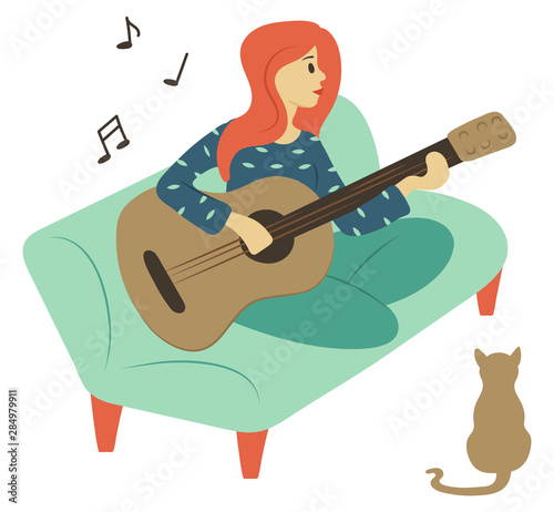 Woman playing guitar vector, isolated character sitting on sofa at home. Flat style female guitarist holding musical instrument, notes and cat pet