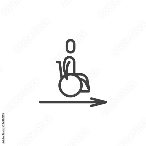 Wheelchair slope way sign line icon. linear style sign for mobile concept and web design. Disability wheelchair direction pointer outline vector icon. Symbol, logo illustration. Vector graphics