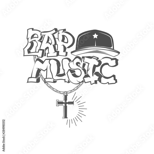 Rap music logo. Concept of vector musical emblem.Graffiti text and Snapback. Design element for rap fest, performance, battle, school, studio. Musical symbol.