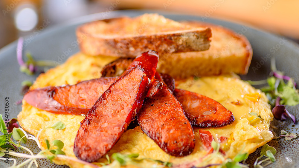 Spanish Omelette topped with slices of grilled chorizo Spanish Omelette topped with slices of grilled chorizo