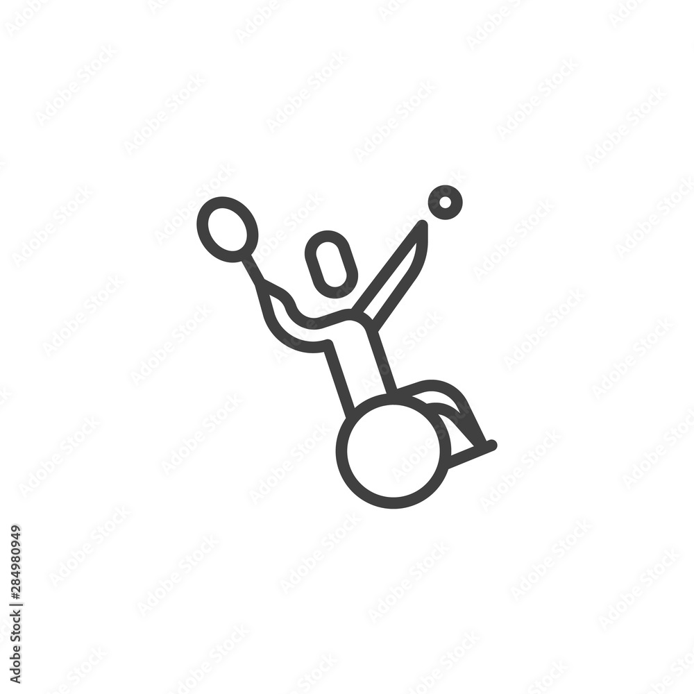 Wheelchair tennis line icon. linear style sign for mobile concept and web design. Disabled man playing tennis outline vector icon. Symbol, logo illustration. Vector graphics Wheelchair tennis line icon. linear style sign for mobile concept and web design. Disabled man playing tennis outline vector icon. Symbol, logo illustration. Vector graphics