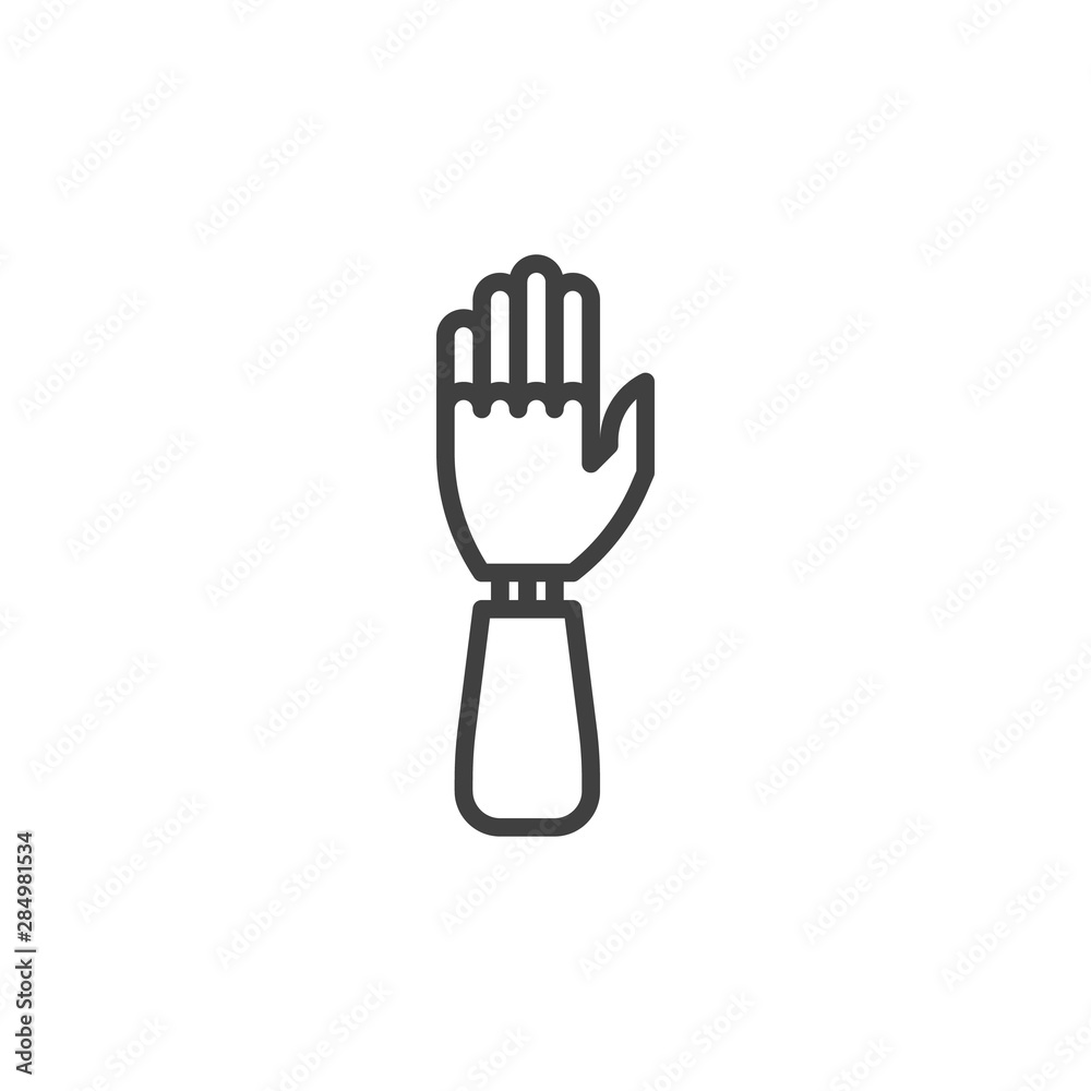 Prosthesis hand line icon. linear style sign for mobile concept and web design. Artificial prosthesis hand outline vector icon. Symbol, logo illustration. Vector graphics Prosthesis hand line icon. linear style sign for mobile concept and web design. Artificial prosthesis hand outline vector icon. Symbol, logo illustration. Vector graphics