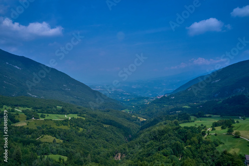 Panoramic view of the ski resort Andalo Trento northern Italy. Aerial view, summertime.