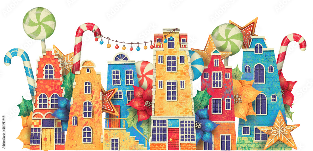 City street with houses, poinsettia, candy, gingerbread. Hand drawn illustration.