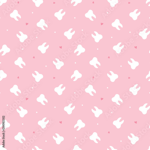 Cute pink seamless pattern background with white healthy teeth with hearts and dots.