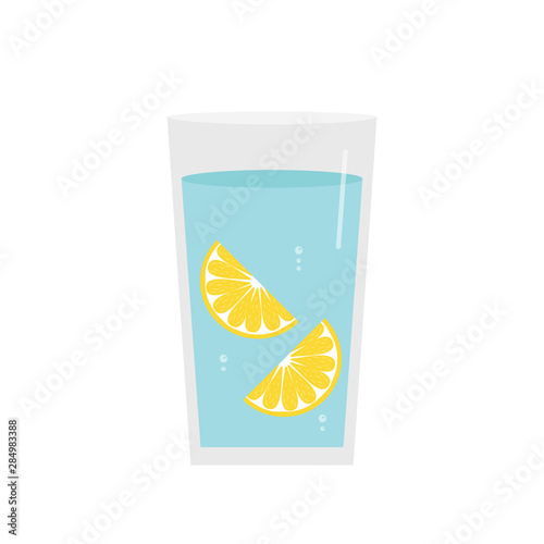 Glass of water with two slices of lemon, vector cartoon style icon, illustration. Concept of lemon water.
