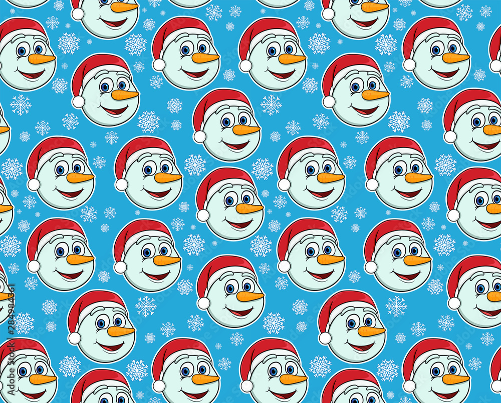 Seamless pattern with snowmen and snowflakes on a blue background. New Year, Christmas illustration. Template for wallpaper, packaging, textile, fabric. Seamless pattern with snowmen and snowflakes on a blue background. New Year, Christmas illustration. Template for wallpaper, packaging, textile, fabric.