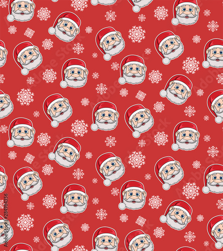 Seamless pattern with Santa Claus and snowflakes on a red background. Christmas illustration. Pattern for wallpaper  packaging  wrapping paper  textile  fabric.