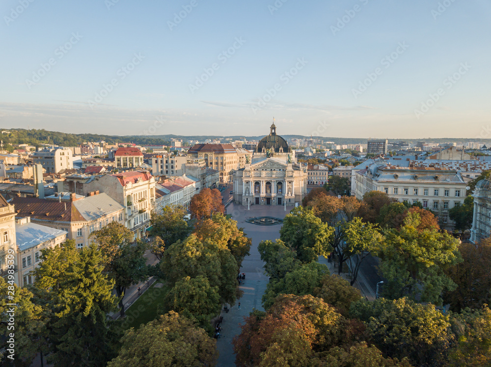 Aerial City Lviv, Ukraine. European City. Popular areas of the city. Lviv Opera