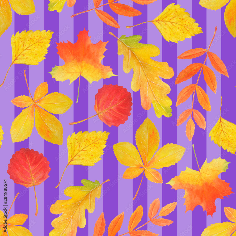 Contrast bright seamless pattern of yellow and red autumn leaves.