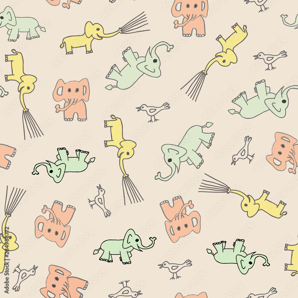 Vector seamless cute pattern with elephants, birds in soft pastel colors, yellow, mint, pink, coral. Perfect for baby fabric.