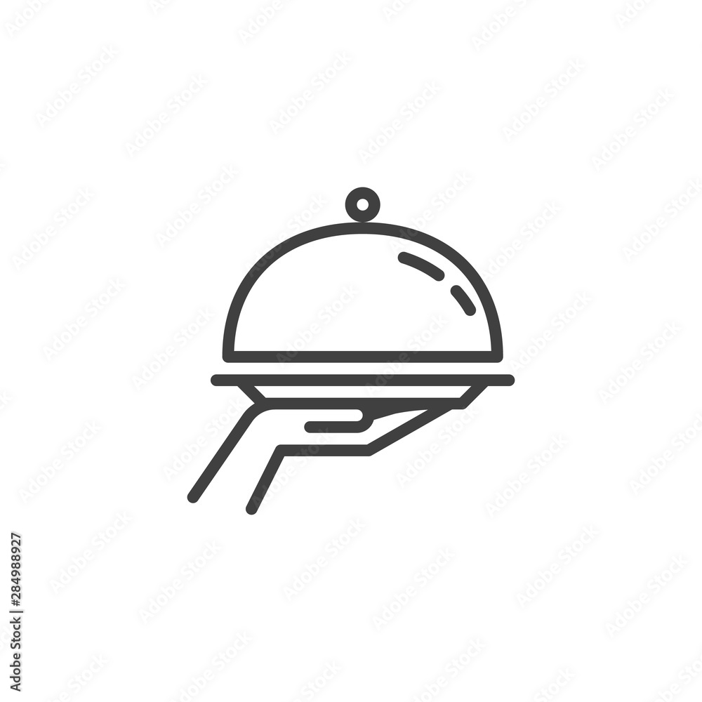 Food Tray on the Hand line icon. linear style sign for mobile concept and web design. Restaurant food outline vector icon. Food delivery symbol, logo illustration. Vector graphics Food Tray on the Hand line icon. linear style sign for mobile concept and web design. Restaurant food outline vector icon. Food delivery symbol, logo illustration. Vector graphics