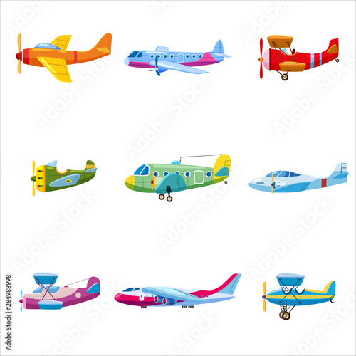 Set of airplanes aircraft different colour. Retro, personal, cargo, speed biplane monoplane