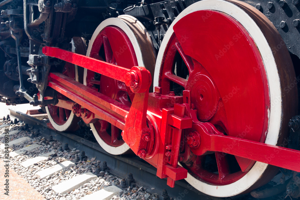 Vintage steam locomotive. The steam locomotive wheels, or mechanism close-up