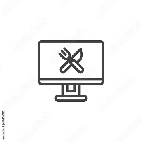Online food ordering line icon. linear style sign for mobile concept and web design. Monitor with fork and knife outline vector icon. Symbol, logo illustration. Vector graphics