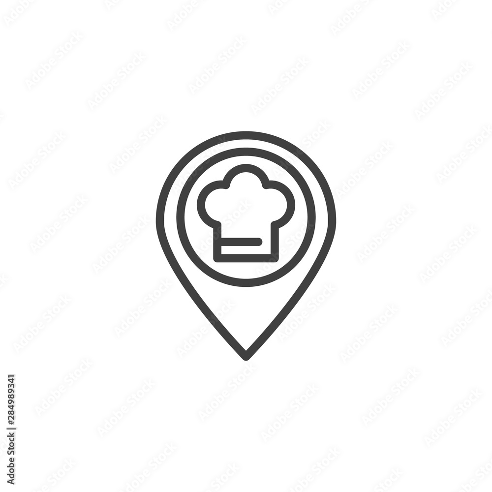 Restaurant map marker line icon. linear style sign for mobile concept and web design. Chef hat location pin outline vector icon. Symbol, logo illustration. Vector graphics Restaurant map marker line icon. linear style sign for mobile concept and web design. Chef hat location pin outline vector icon. Symbol, logo illustration. Vector graphics
