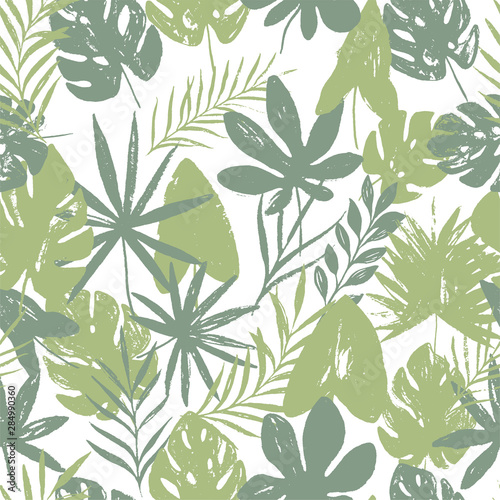 Abstract summer bright floral seamless pattern with trendy hand drawn textures. Textured leaf. Modern abstract design for paper, cover, fabric, interior decor. Tropical leaves. Vector illustration