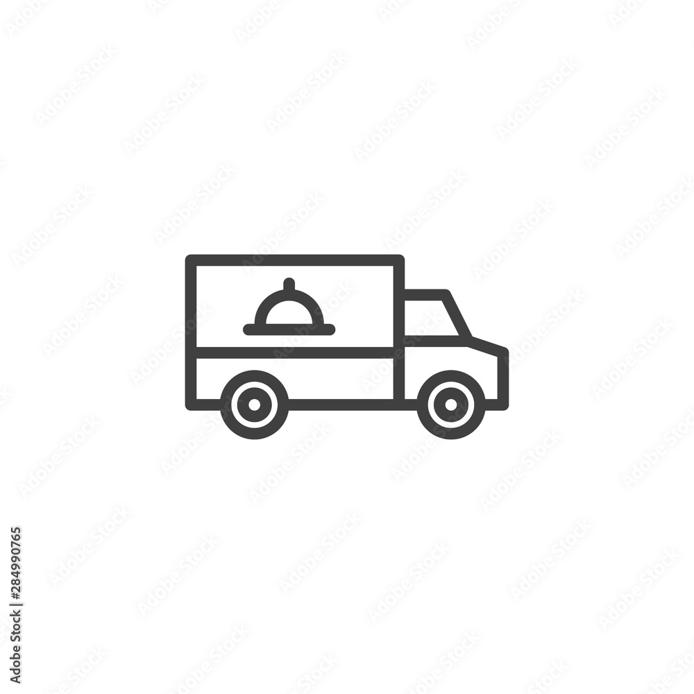 Food delivery truck line icon. linear style sign for mobile concept and web design. Express food delivery outline vector icon. Symbol, logo illustration. Vector graphics