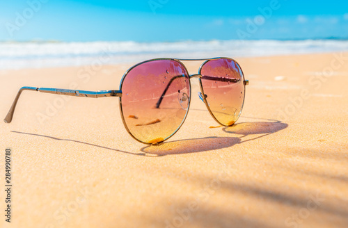 Sunglasses on the coastal beaches under the sun