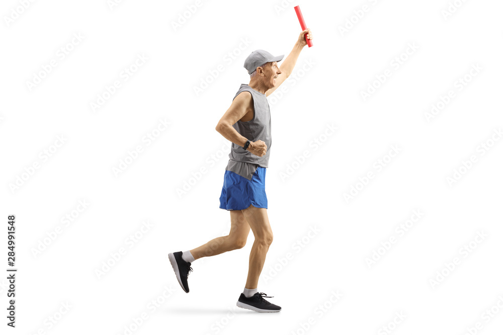 Mature man running a relay race with a baton in his hand Mature man running a relay race with a baton in his hand