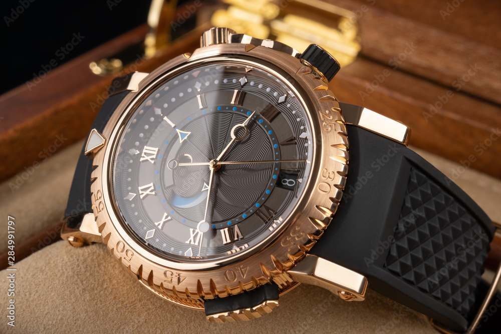 wrist watch packed in open wooden box. roman dial wrist watch packed in open wooden box. roman dial
