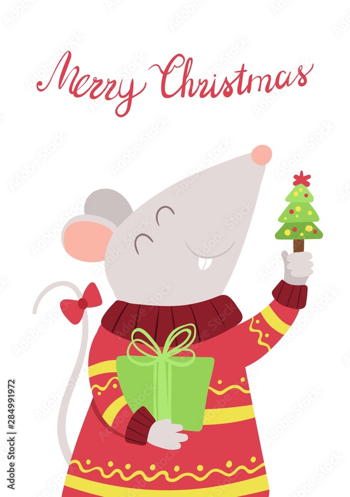 Mouse with Christmas gift flat vector illustration Mouse with Christmas gift flat vector illustration