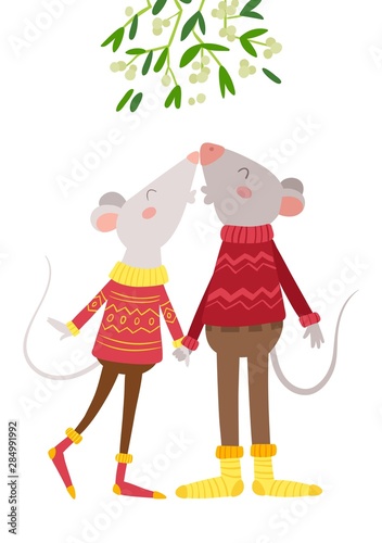 Mice couple kissing under mistletoe flat vector illustration