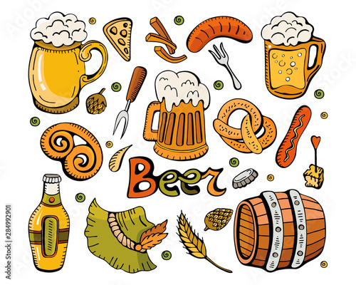 Set for the autumn festival Oktoberfest.Colorful vector hand drawn Doodle cartoon set beer fest themed elements, objects and symbols. Different attributes to decorate