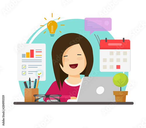 Multitasking business woman person working hard but happy on office table desk vector, flat cartoon girl sitting smiling on workplace doing audit or research tasks, time management idea