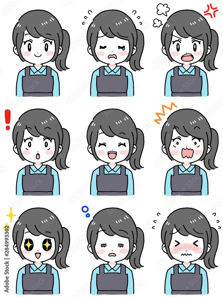 いろいろな表情のセット 女性 エプロン姿 黒髪ポニーテール Stock イラスト Adobe Stock