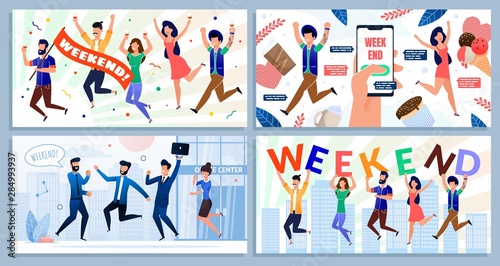 Employee Team Satisfied with Weekend Cartoon Set